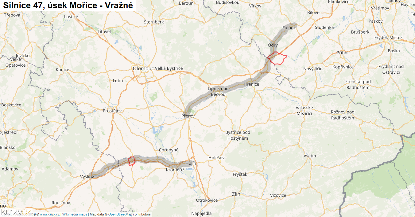Úsek Mořice - Vražné, Silnice 47 - Mapa