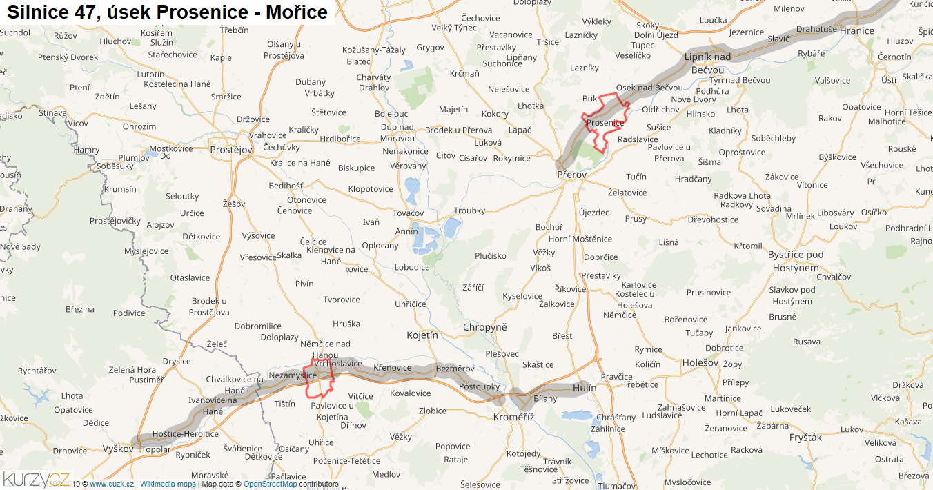 Úsek Prosenice - Mořice, Silnice 47 - Mapa