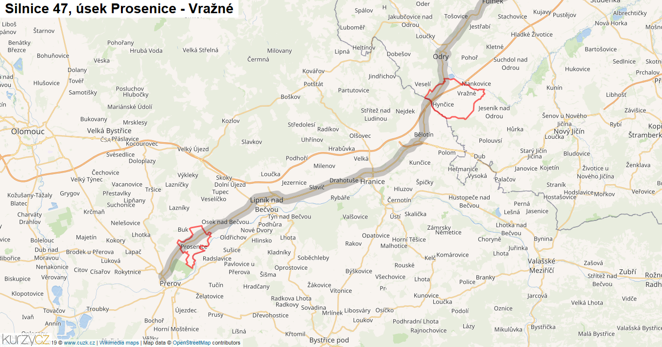 Úsek Prosenice - Vražné, Silnice 47 - Mapa