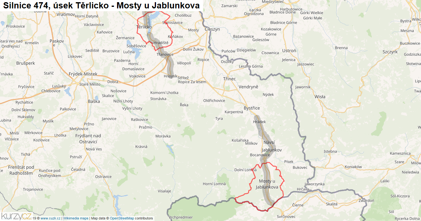 Úsek Těrlicko - Mosty u Jablunkova, Silnice 474 - Mapa