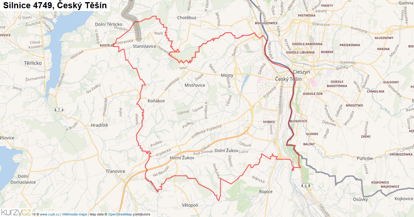 Český Těšín, Silnice 4749 - Mapa