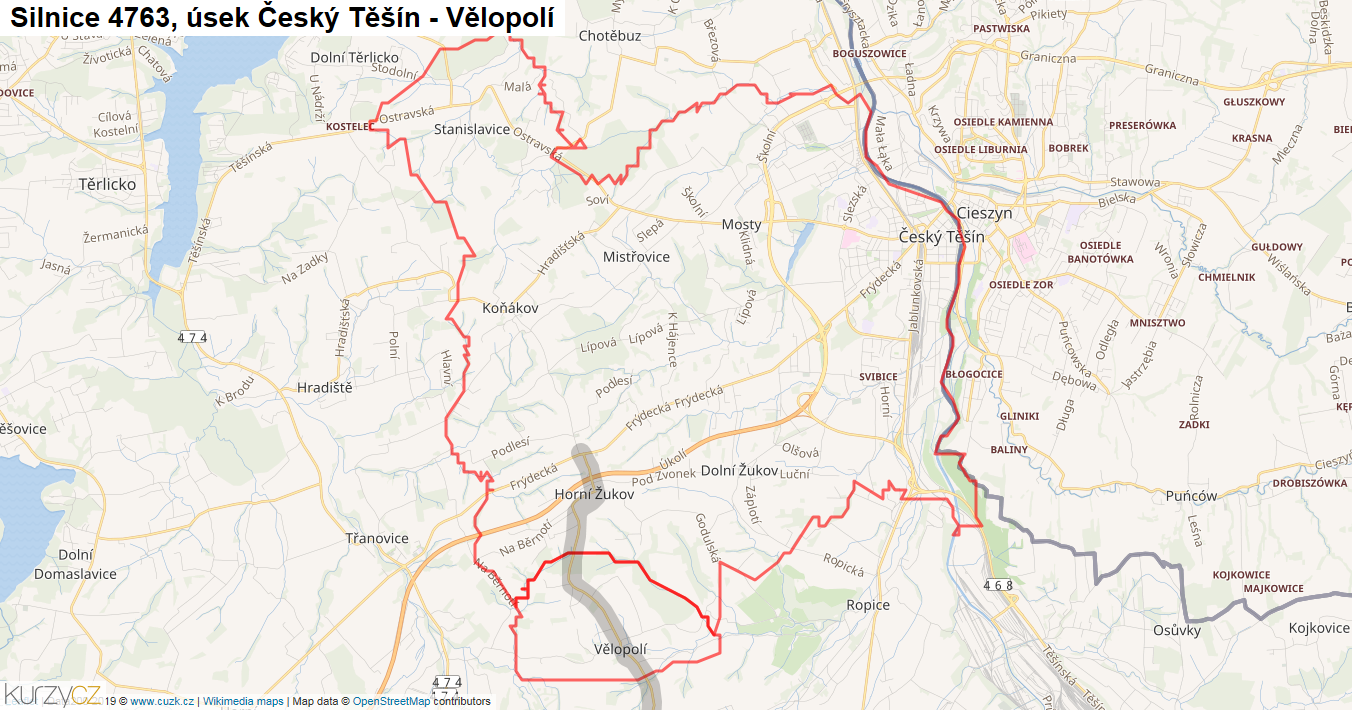 Úsek Český Těšín - Vělopolí, Silnice 4763 - Mapa