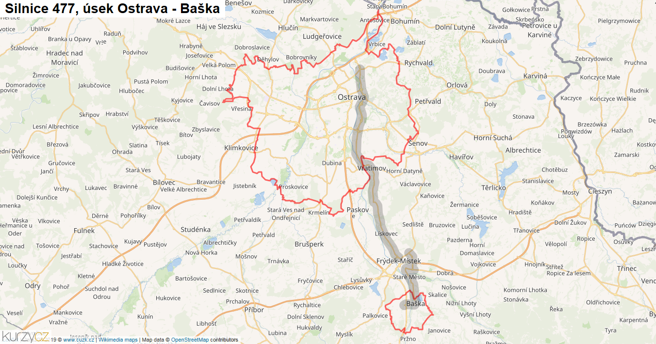 Úsek Ostrava - Baška, Silnice 477 - Mapa
