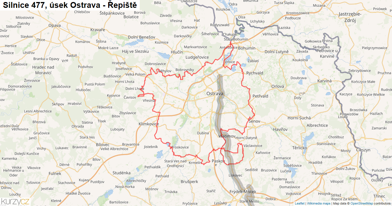 Úsek Ostrava - Řepiště, Silnice 477 - Mapa