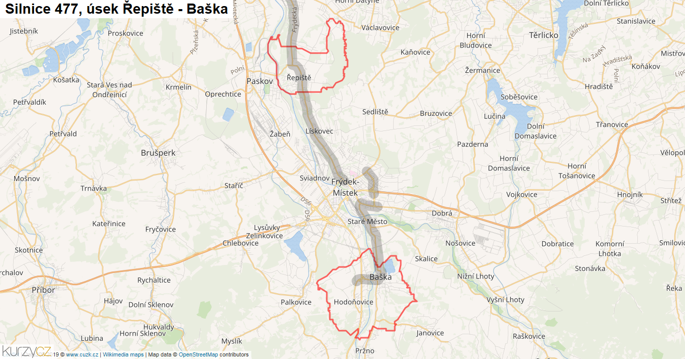 Úsek Řepiště - Baška, Silnice 477 - Mapa