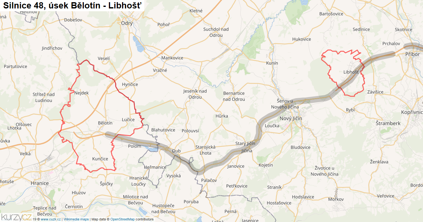 Úsek Bělotín - Libhošť, Silnice 48 - Mapa