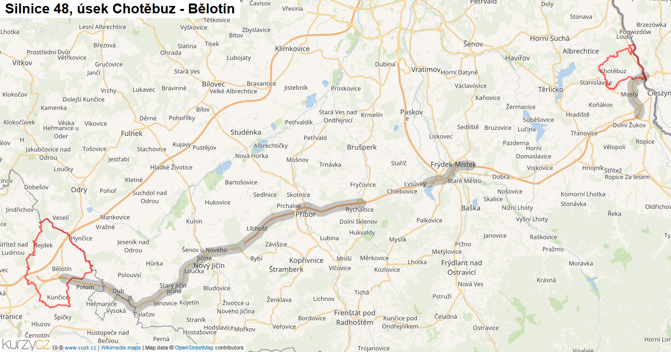 Úsek Chotěbuz - Bělotín, Silnice 48 - Mapa