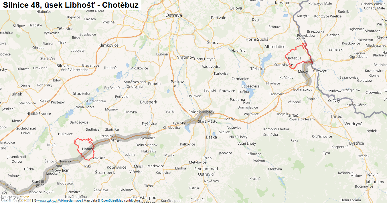 Úsek Libhošť - Chotěbuz, Silnice 48 - Mapa