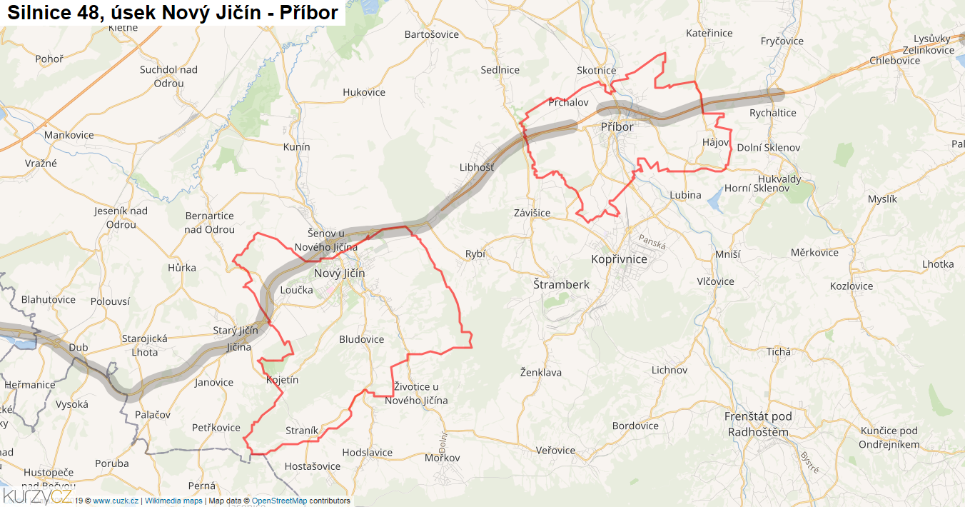 Úsek Nový Jičín - Příbor, Silnice 48 - Mapa