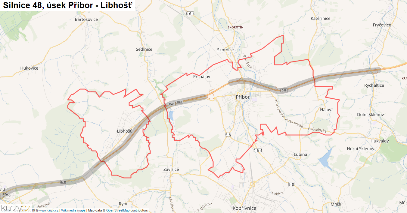 Úsek Příbor - Libhošť, Silnice 48 - Mapa