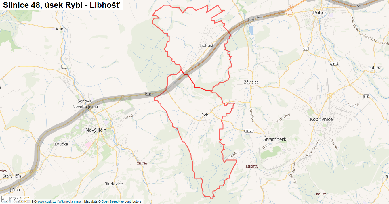 Úsek Rybí - Libhošť, Silnice 48 - Mapa