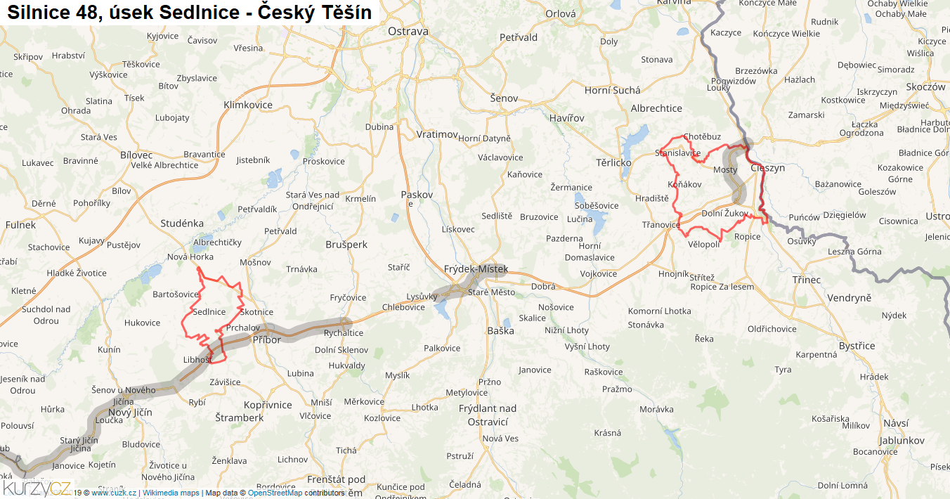 Úsek Sedlnice - Český Těšín, Silnice 48 - Mapa