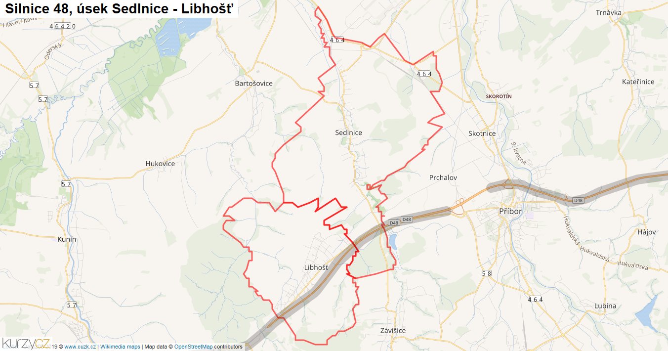 Úsek Sedlnice - Libhošť, Silnice 48 - Mapa