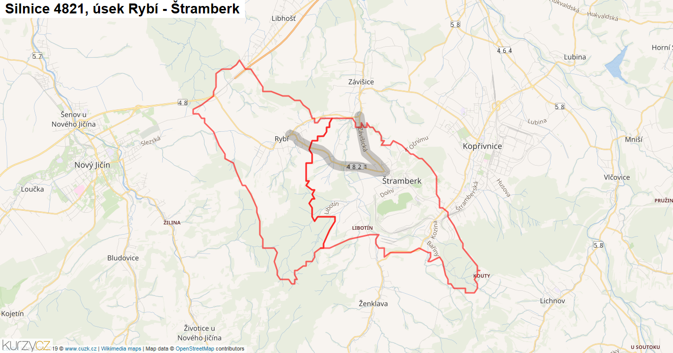 Úsek Rybí - Štramberk, Silnice 4821 - Mapa