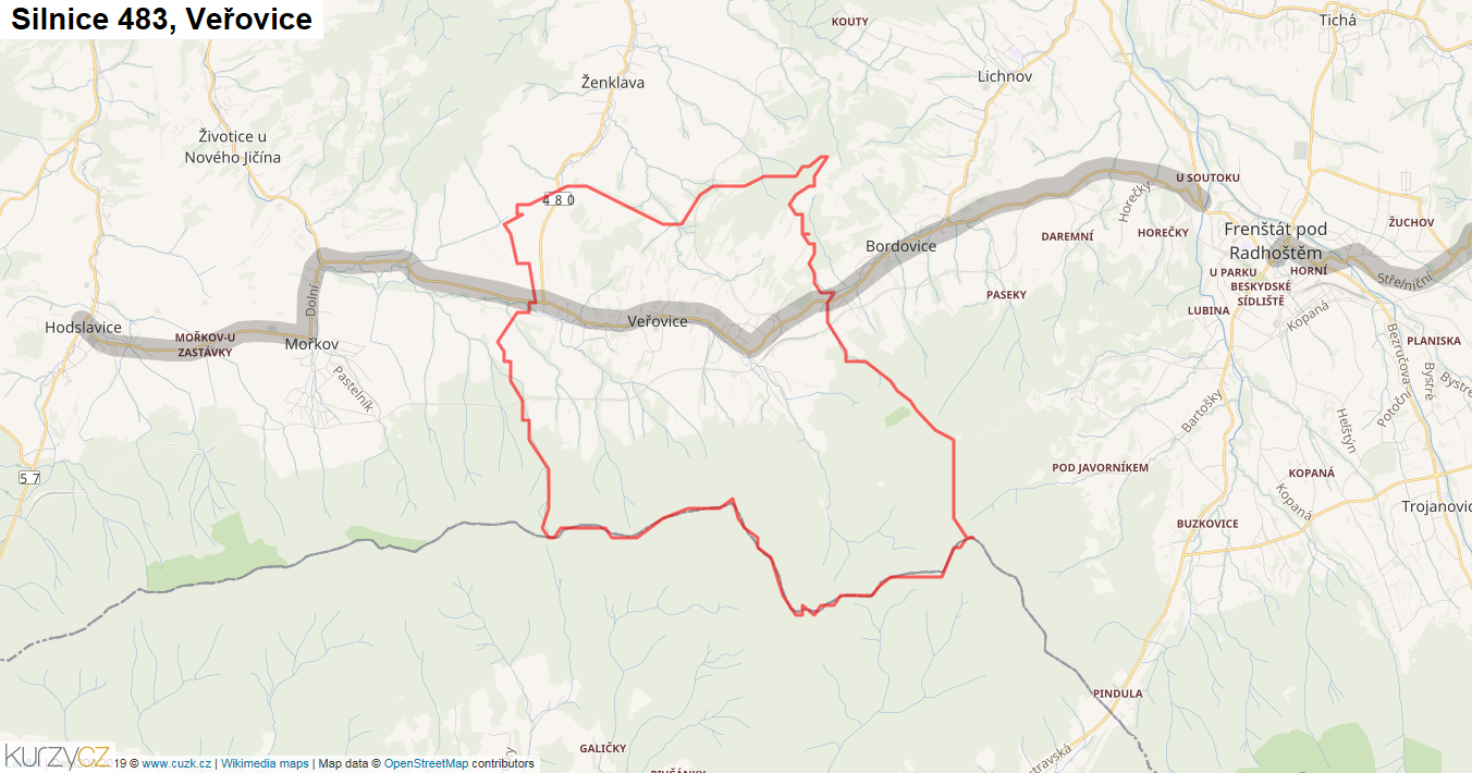 Veřovice, Silnice 483 - Mapa