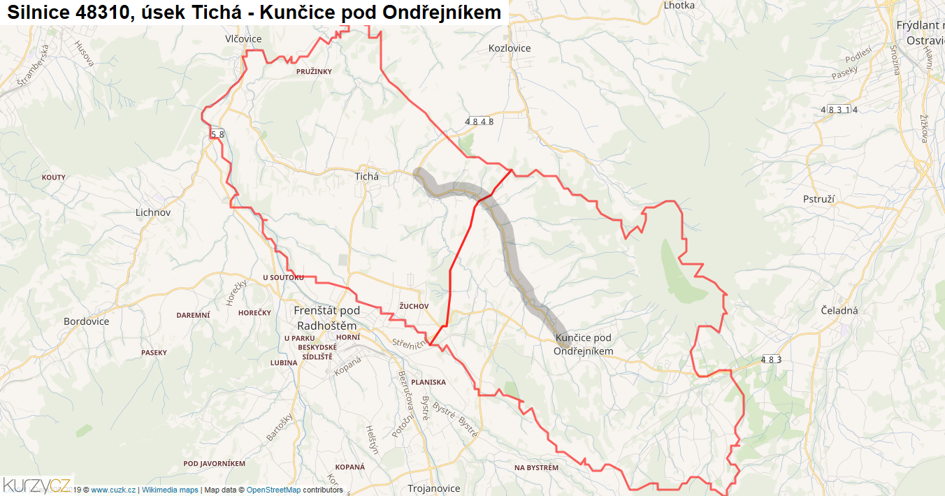Úsek Tichá - Kunčice pod Ondřejníkem, Silnice 48310 - Mapa