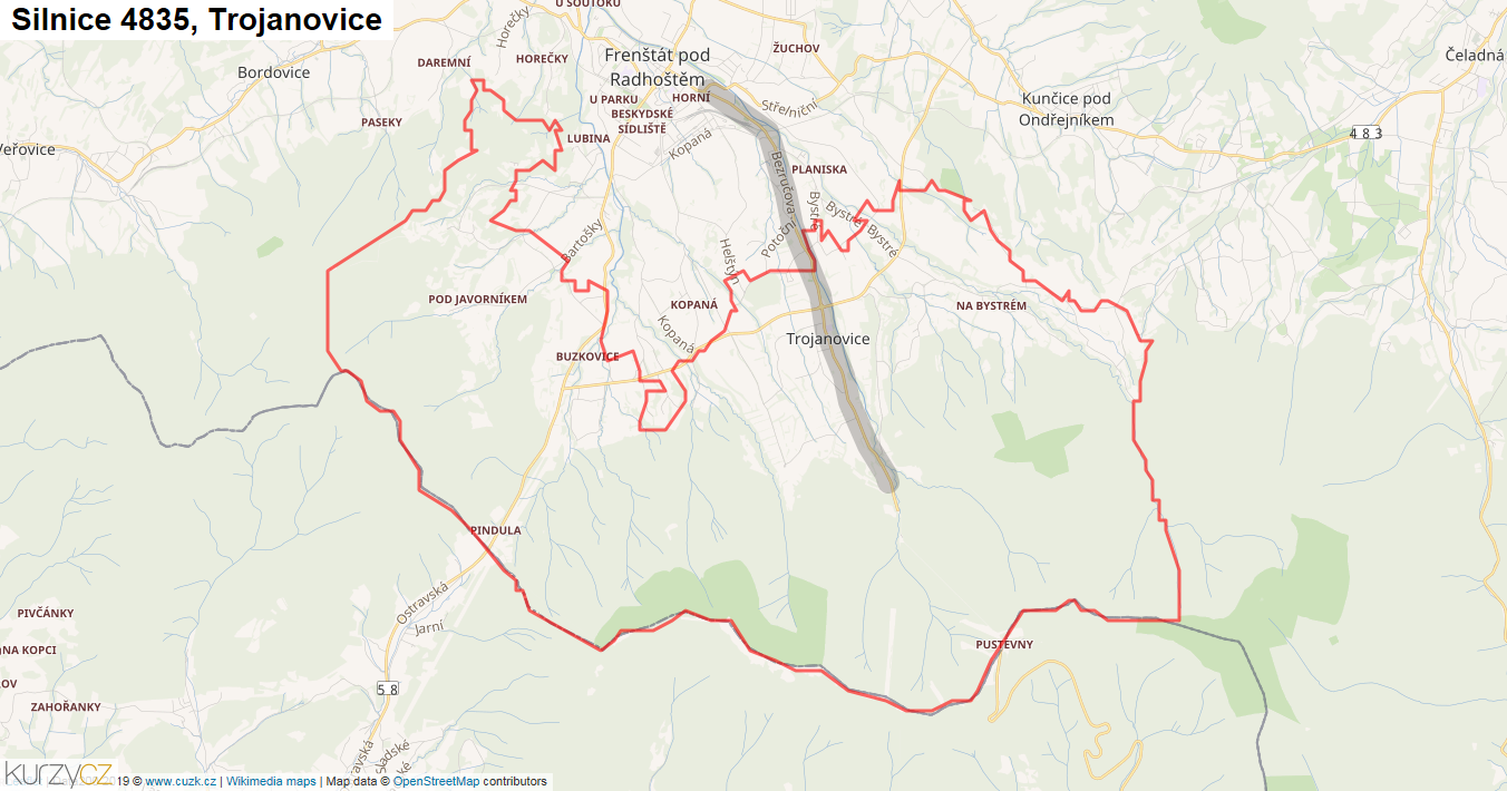 Trojanovice, Silnice 4835 - Mapa