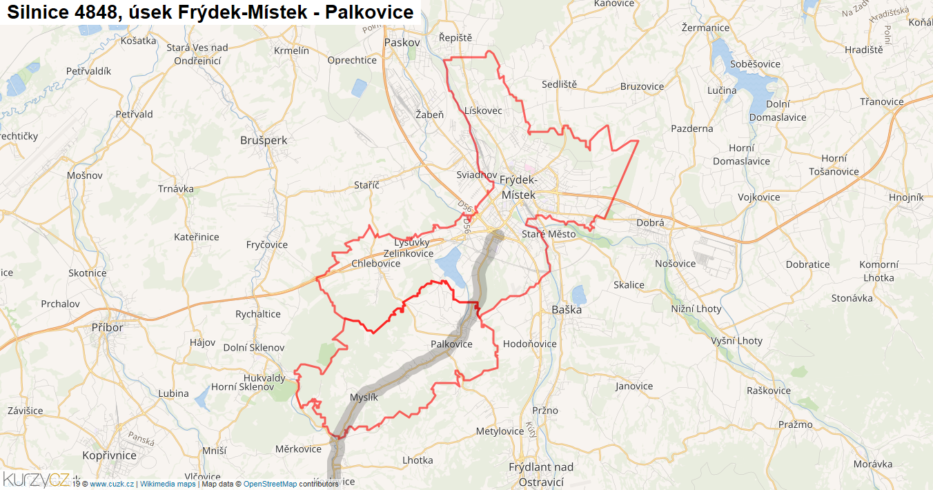 Úsek Frýdek-Místek - Palkovice, Silnice 4848 - Mapa