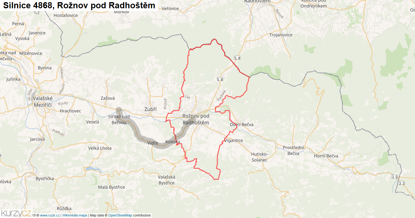 Rožnov pod Radhoštěm, Silnice 4868 - Mapa