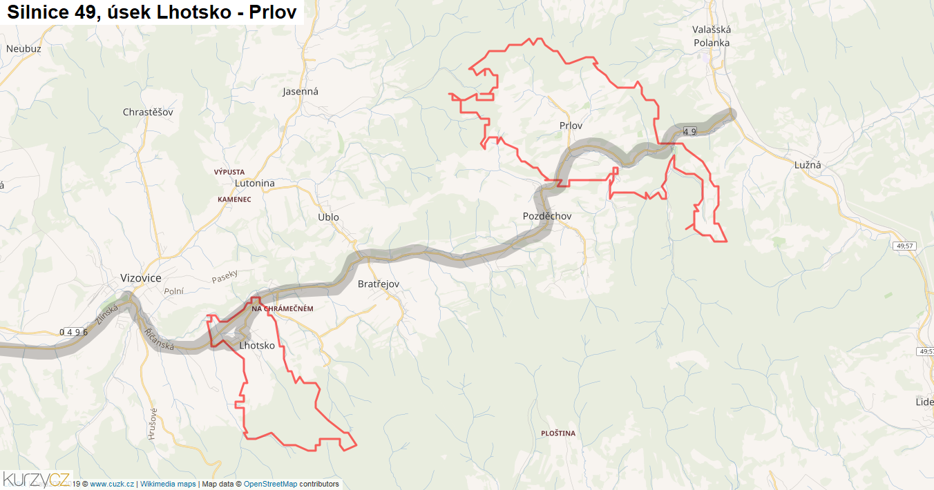 Úsek Lhotsko - Prlov, Silnice 49 - Mapa