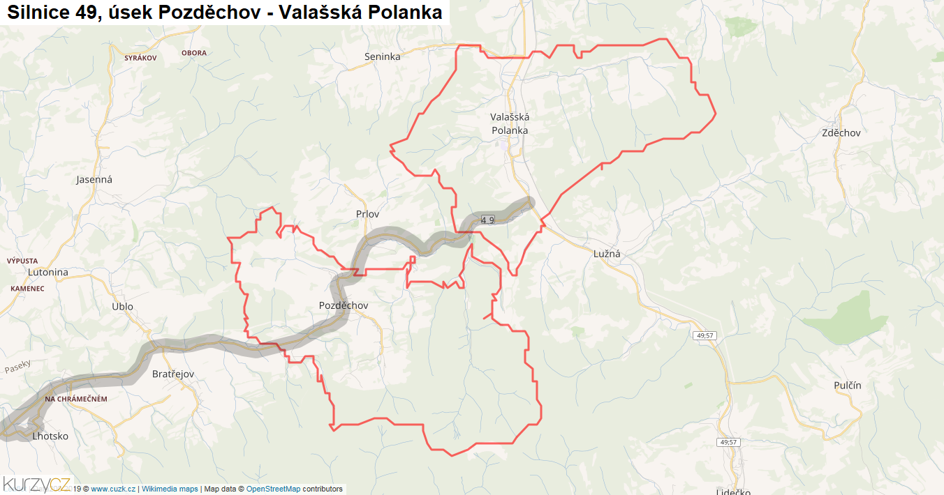 Úsek Pozděchov - Valašská Polanka, Silnice 49 - Mapa