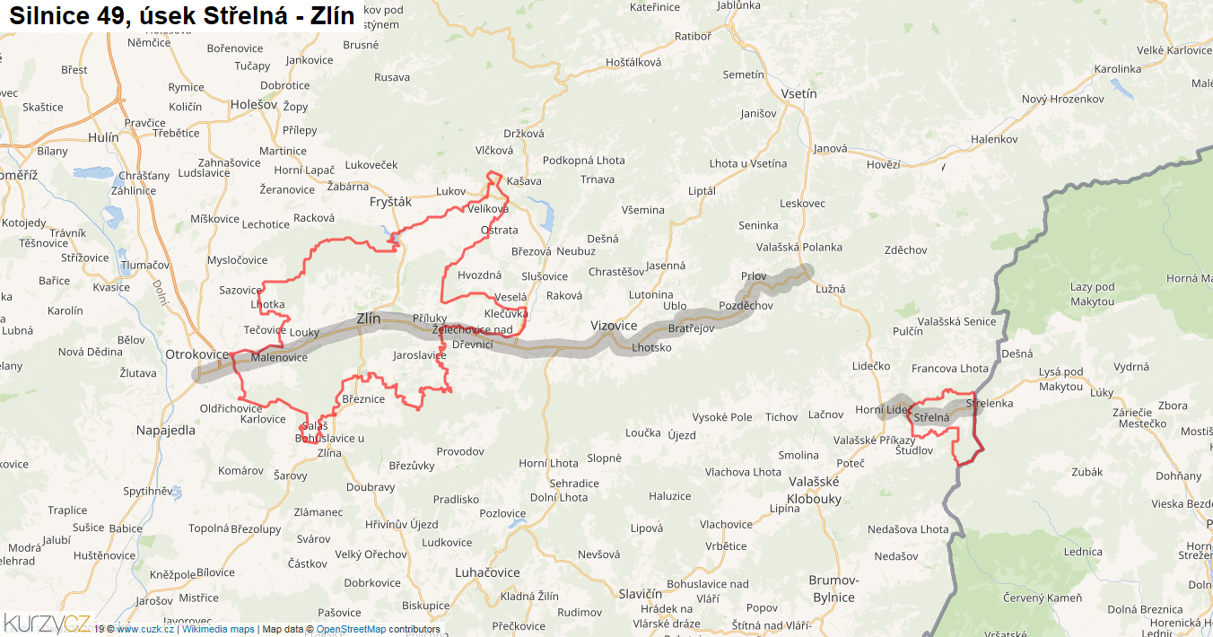 Úsek Střelná - Zlín, Silnice 49 - Mapa