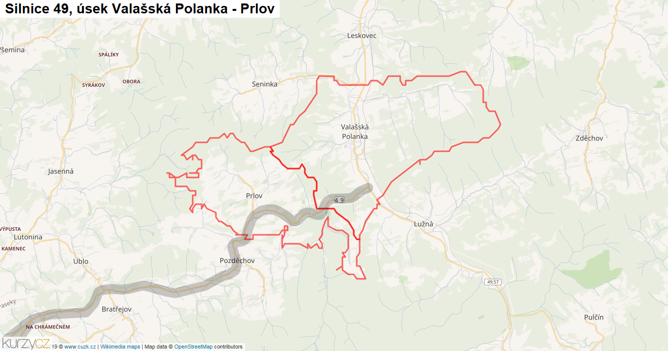 Úsek Valašská Polanka - Prlov, Silnice 49 - Mapa