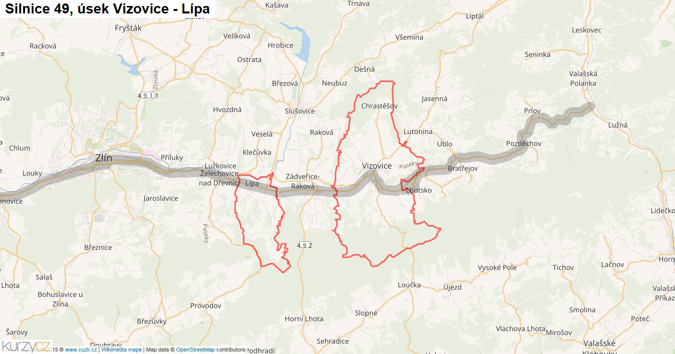 Úsek Vizovice - Lípa, Silnice 49 - Mapa