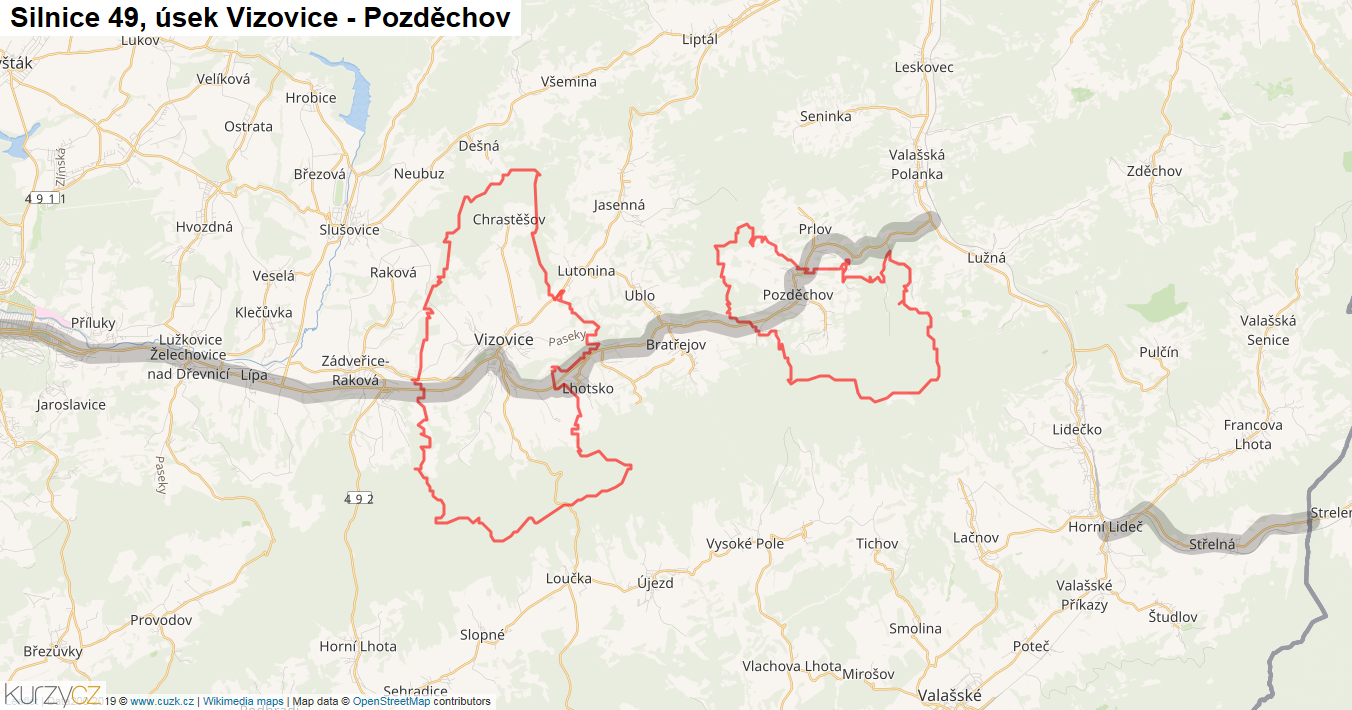 Úsek Vizovice - Pozděchov, Silnice 49 - Mapa
