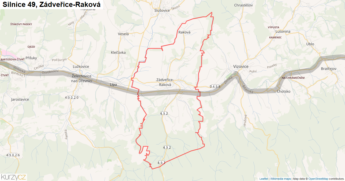 Zádveřice-Raková, Silnice 49 - Mapa