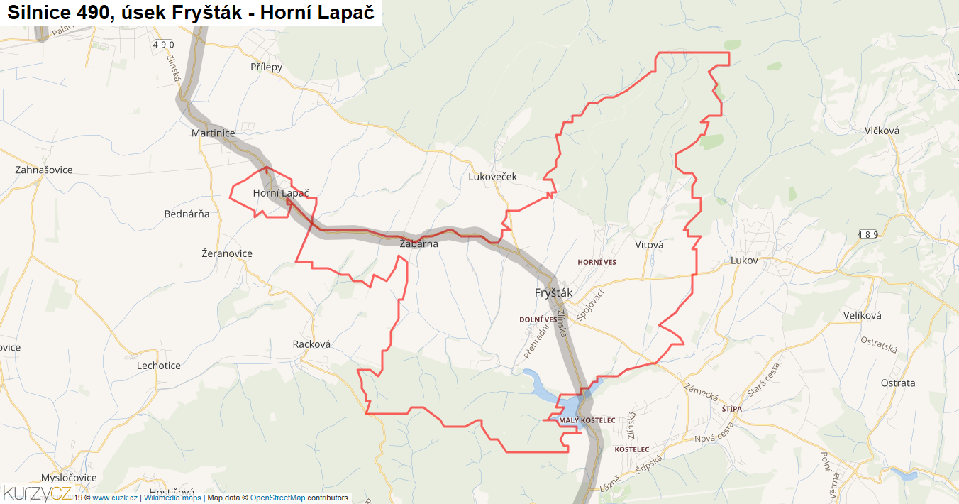 Úsek Fryšták - Horní Lapač, Silnice 490 - Mapa