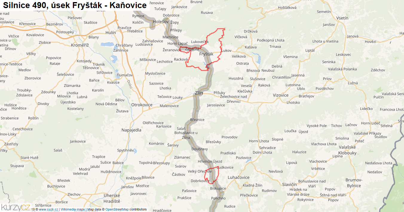 Úsek Fryšták - Kaňovice, Silnice 490 - Mapa