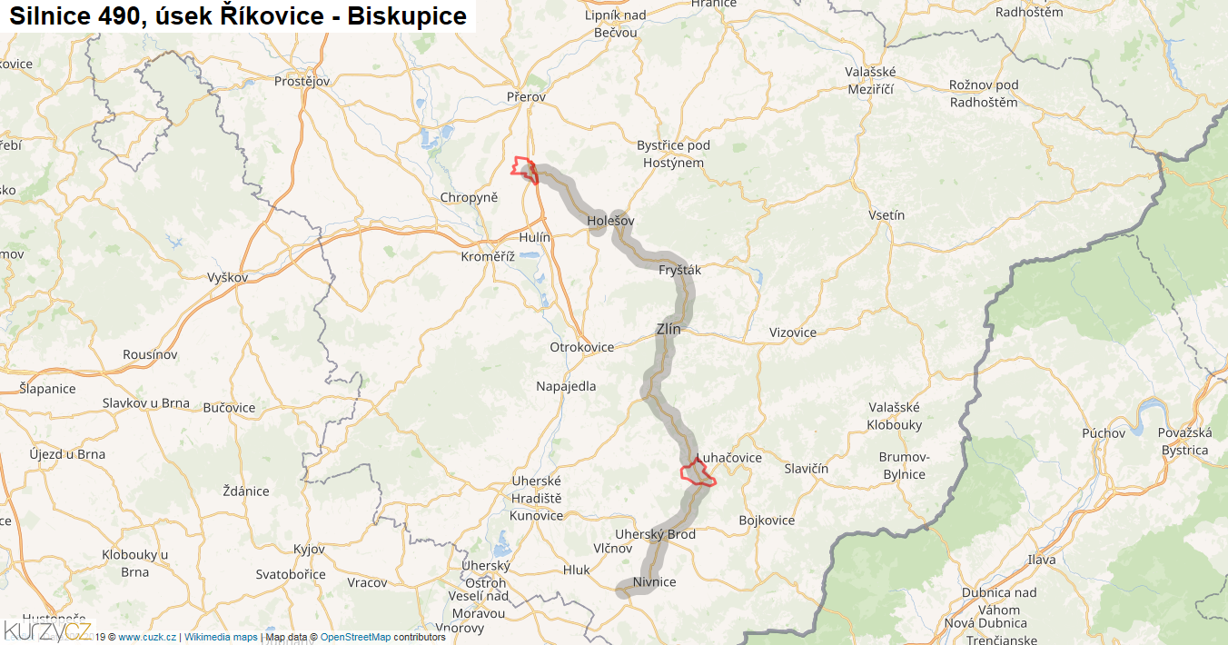 Úsek Říkovice - Biskupice, Silnice 490 - Mapa