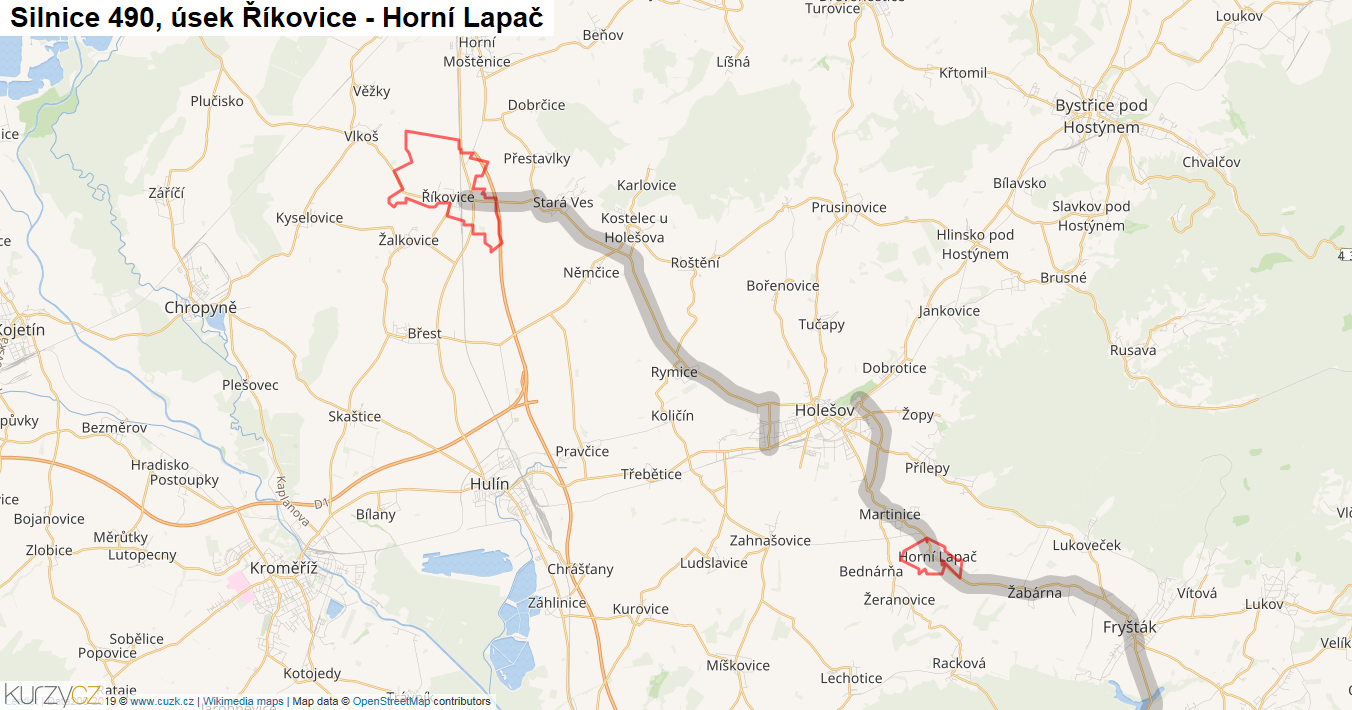 Úsek Říkovice - Horní Lapač, Silnice 490 - Mapa