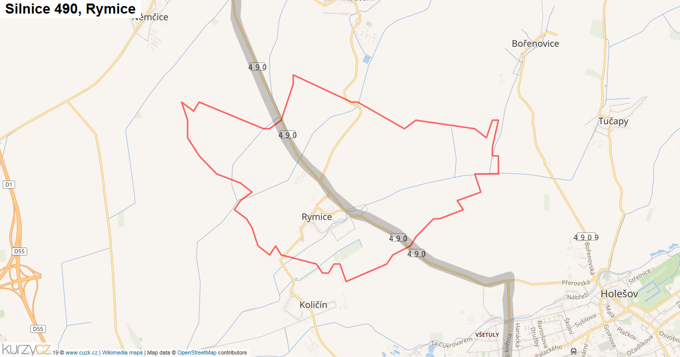 Rymice, Silnice 490 - Mapa
