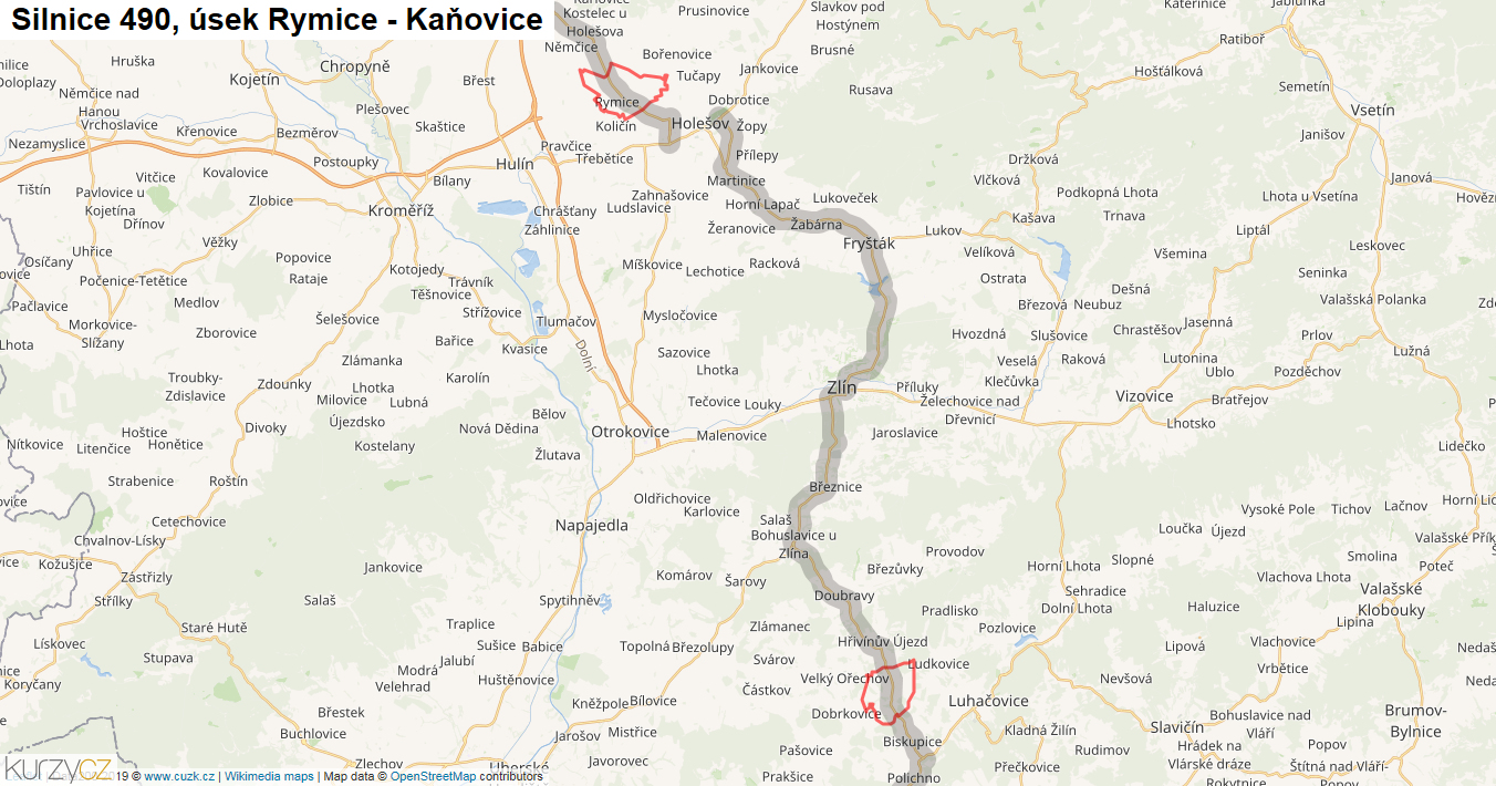 Úsek Rymice - Kaňovice, Silnice 490 - Mapa