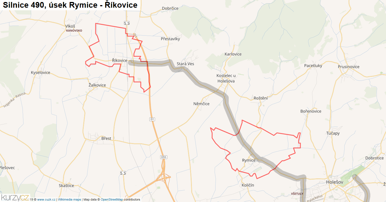 Úsek Rymice - Říkovice, Silnice 490 - Mapa