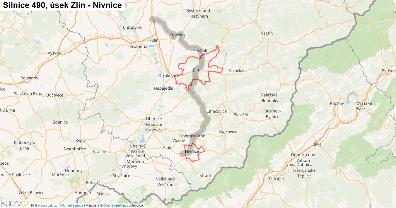 Úsek Zlín - Nivnice, Silnice 490 - Mapa
