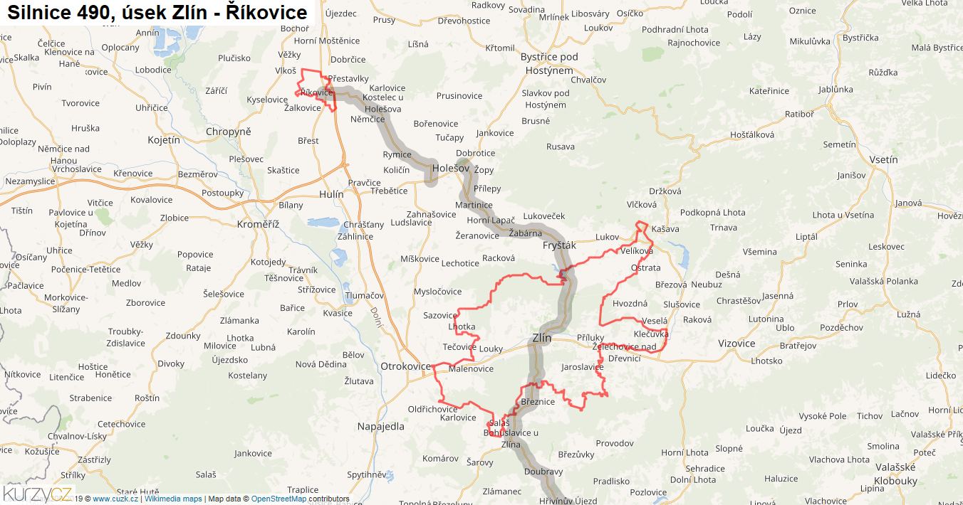 Úsek Zlín - Říkovice, Silnice 490 - Mapa