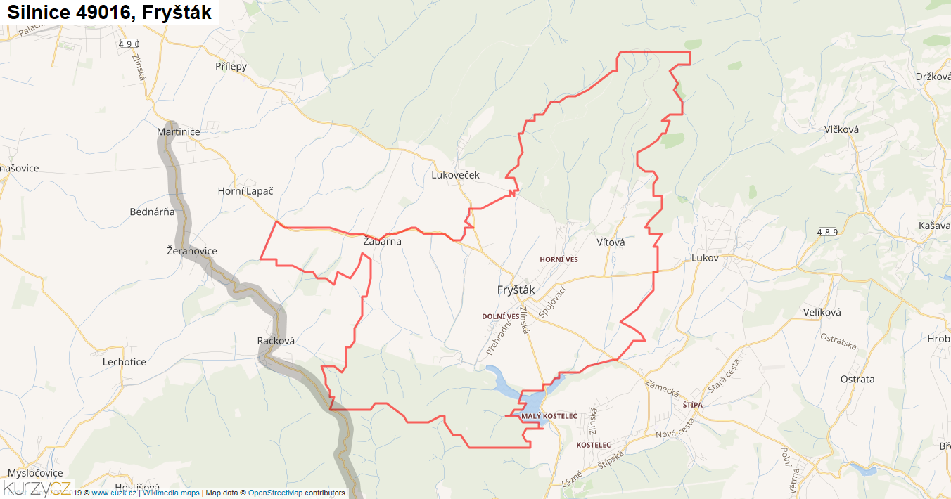 Fryšták, Silnice 49016 - Mapa