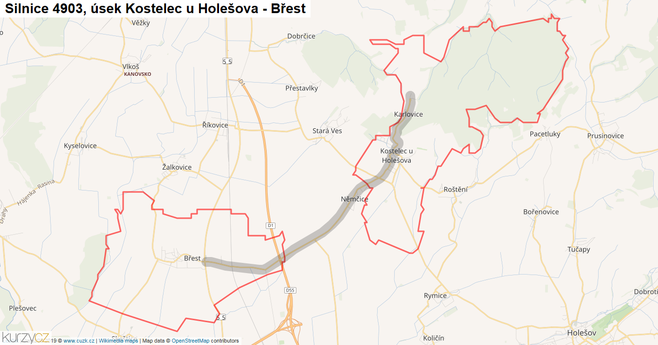 Úsek Kostelec u Holešova - Břest, Silnice 4903 - Mapa