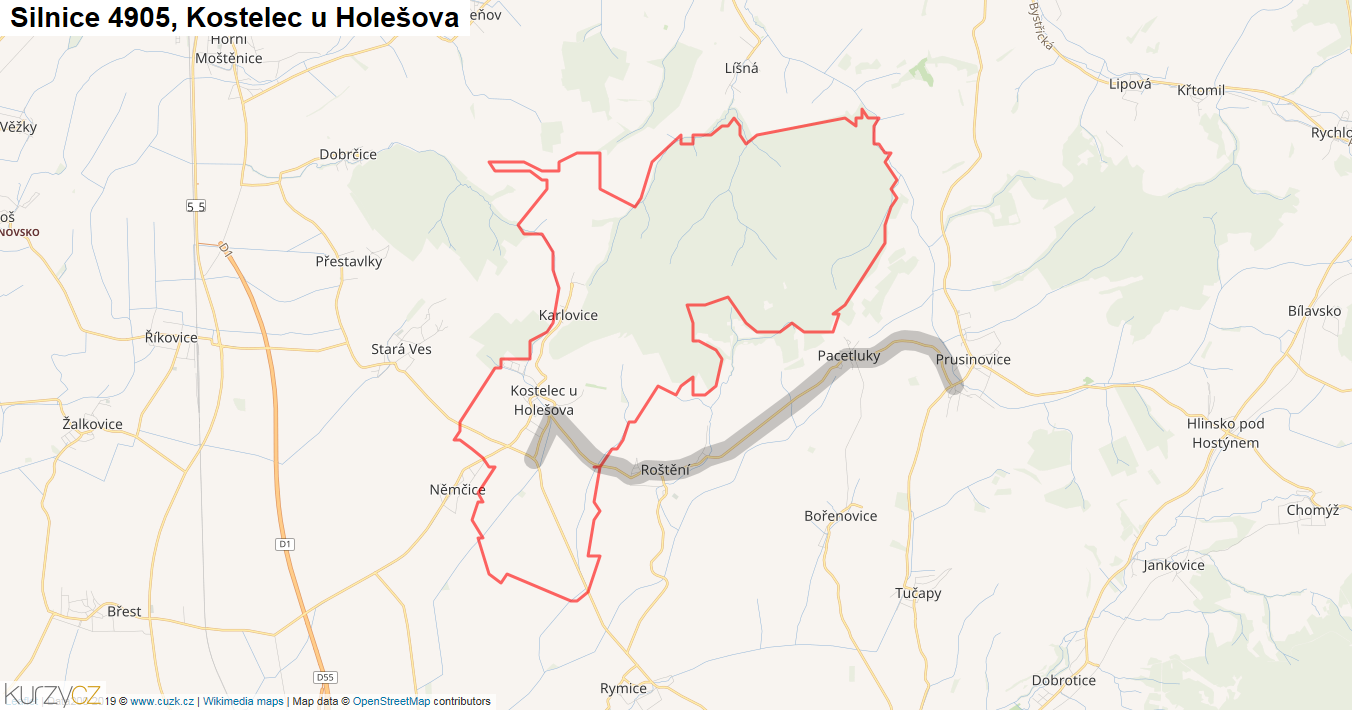 Kostelec u Holešova, Silnice 4905 - Mapa