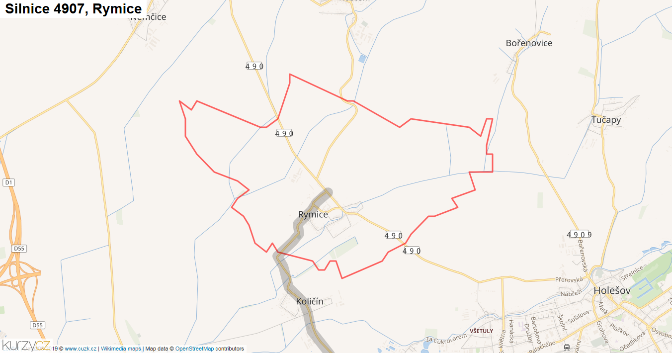 Rymice, Silnice 4907 - Mapa