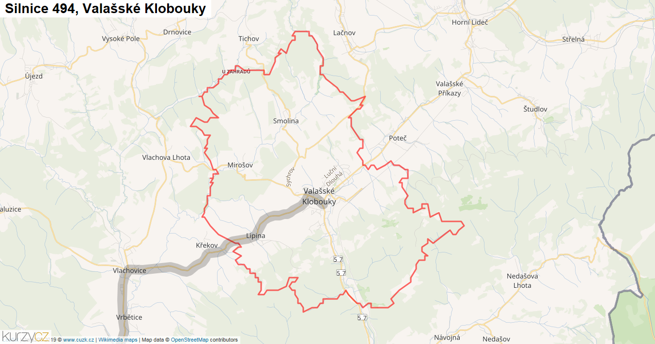 Valašské Klobouky, Silnice 494 - Mapa