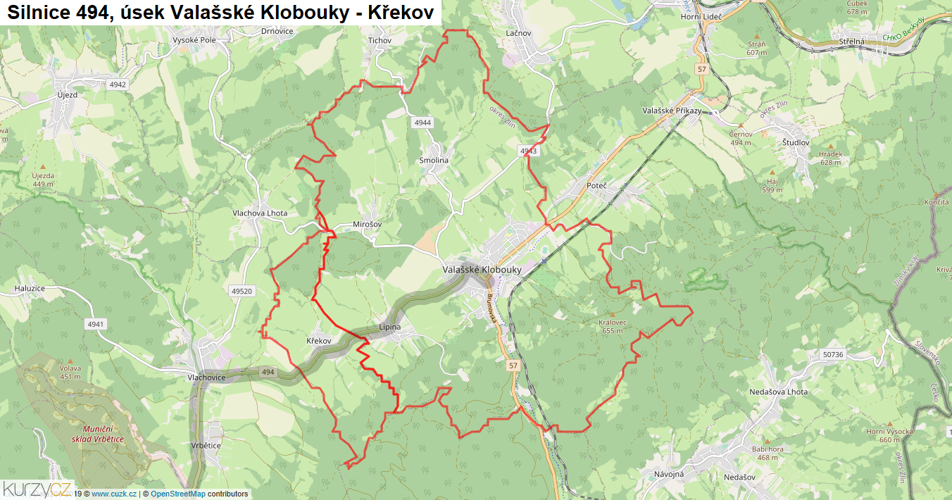 Úsek Valašské Klobouky - Křekov, Silnice 494 - Mapa