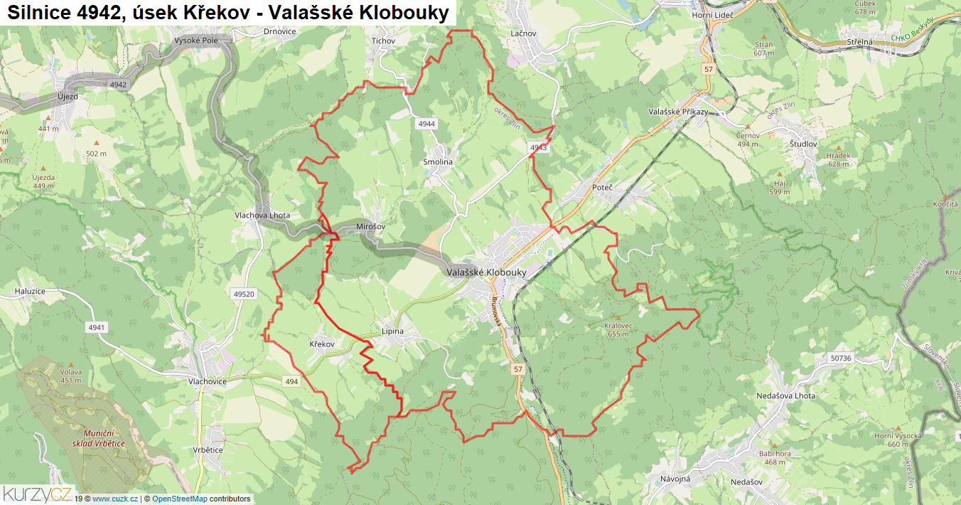 Úsek Křekov - Valašské Klobouky, Silnice 4942 - Mapa