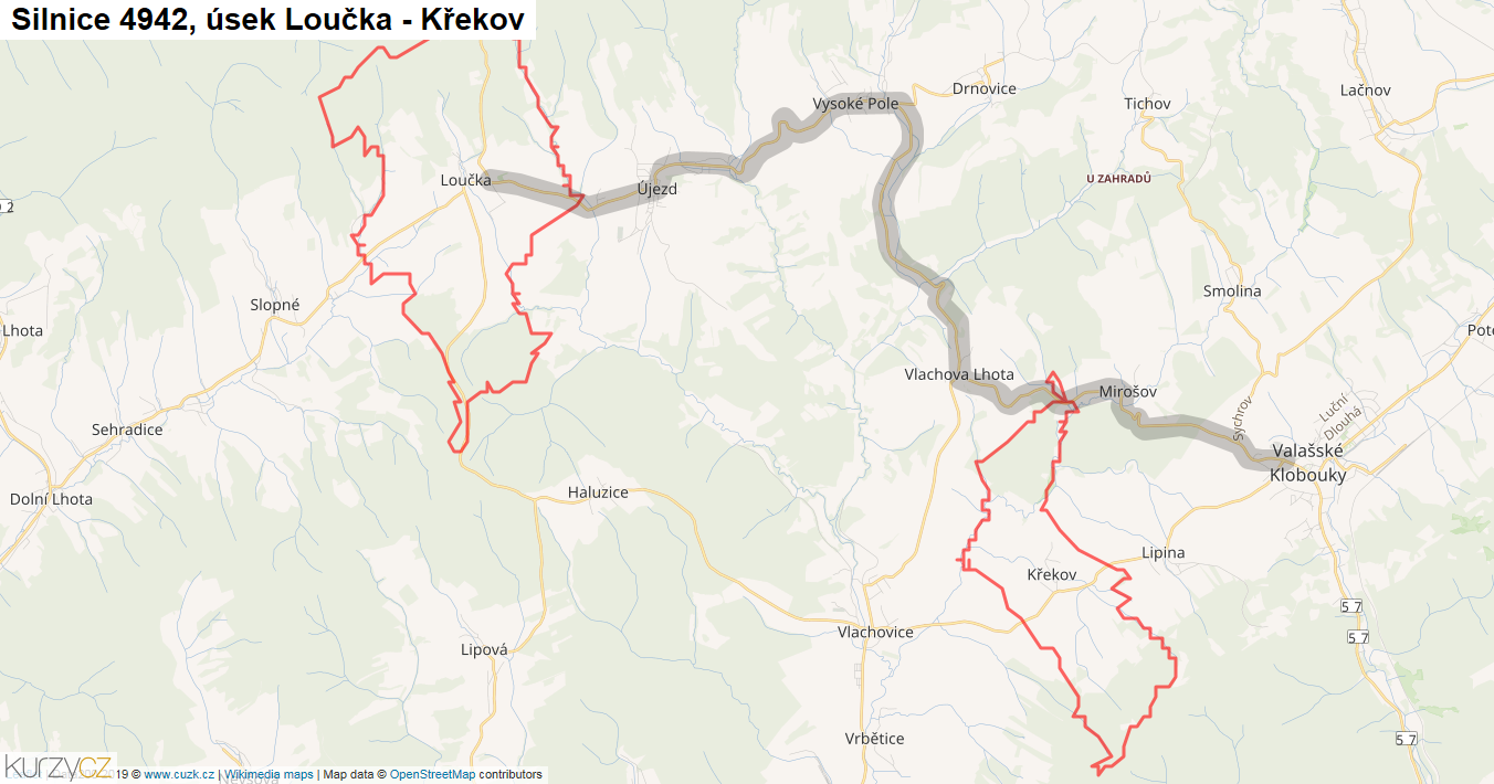 Úsek Loučka - Křekov, Silnice 4942 - Mapa