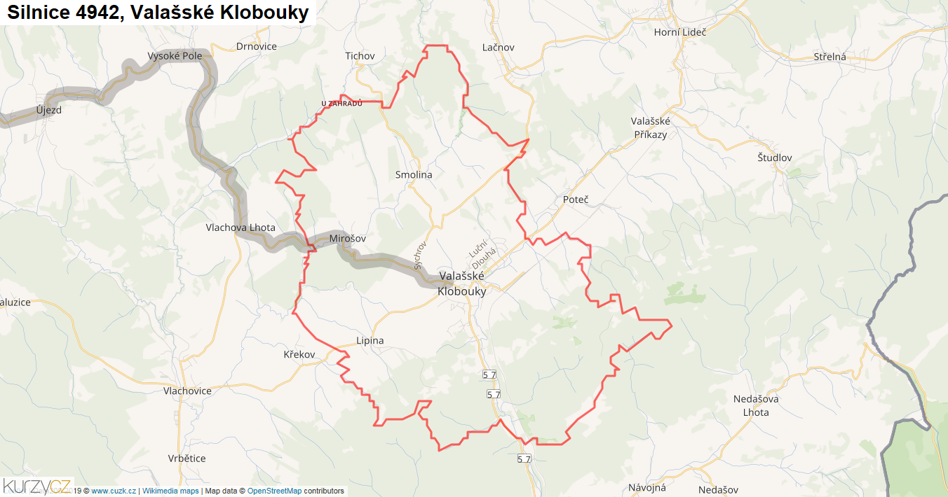 Valašské Klobouky, Silnice 4942 - Mapa