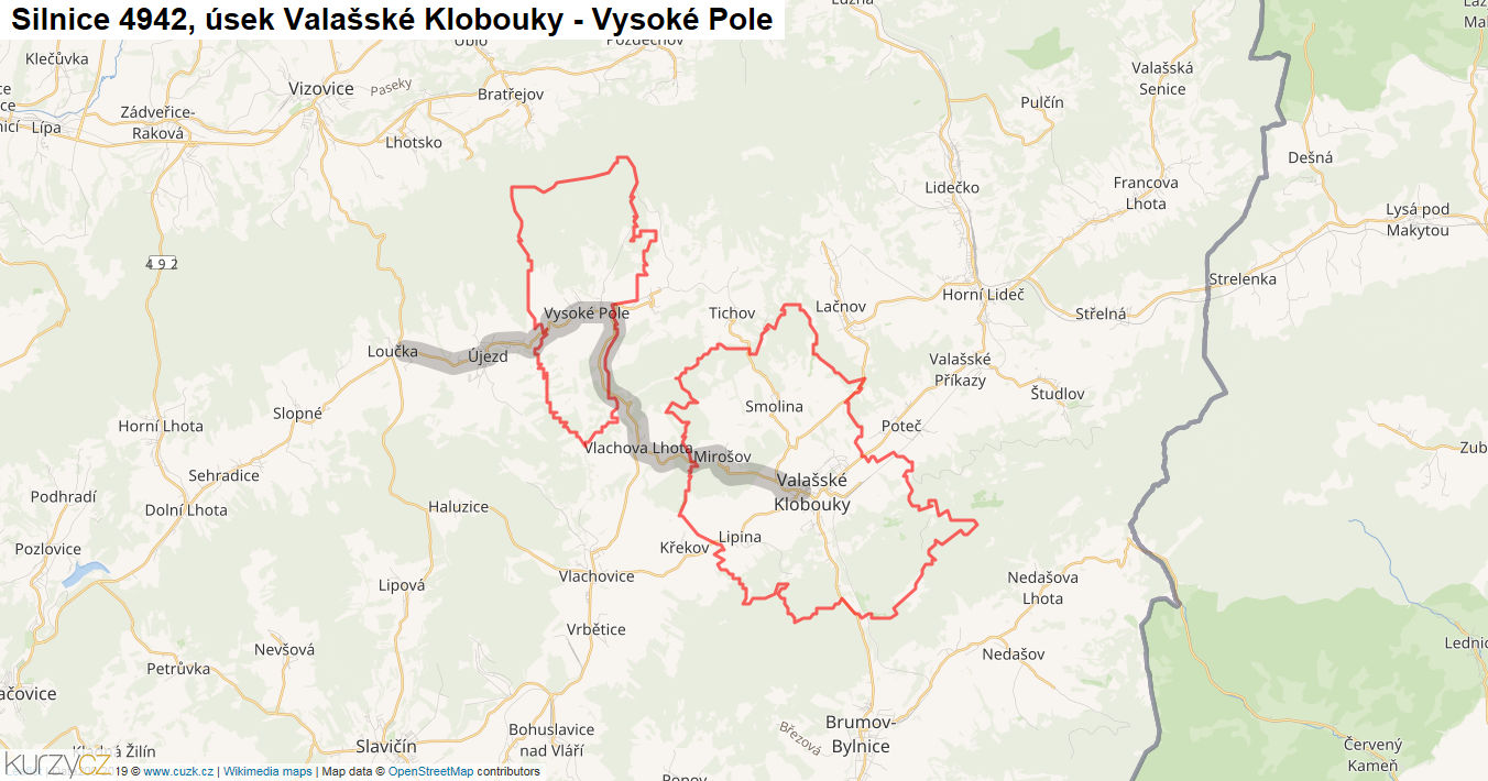 Úsek Valašské Klobouky - Vysoké Pole, Silnice 4942 - Mapa