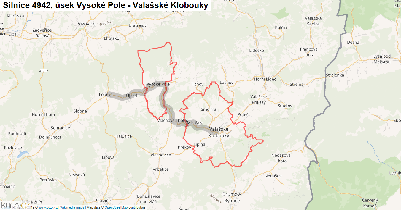 Úsek Vysoké Pole - Valašské Klobouky, Silnice 4942 - Mapa
